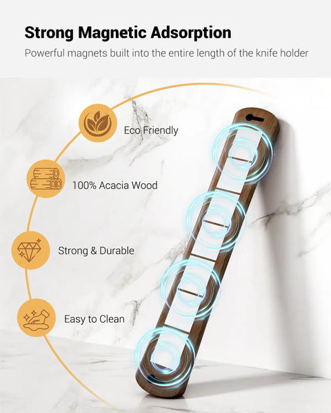 Magnetic Knife Holder For Wall And 16 Inch Acacia Wood Knife Strip showcasing strong magnetic adsorption features.