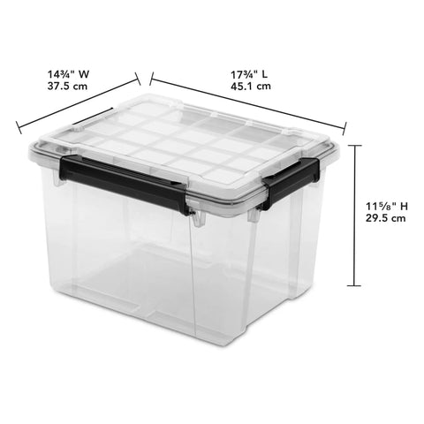 Built Like A Tank 34 Quart Gasket Storage Boxes With Lids Heavy Duty Plastic Bins for Home and Office, 17 3/4 x 14 3/4 x 11 5/8 inches.