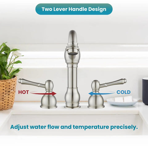 Widespread 8 Inch Bathroom Faucet For Sink With 3 Holes, Two Lever Handles, Deck Mount in Brushed Nickel with Hot and Cold Indicators