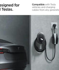Tesla Mobile Charger Cable Organizer Wall Mount For All Models White Matte Finish, mounted with cable and plug shown on wall.