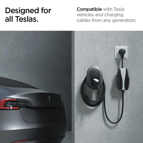 Tesla Mobile Charger Cable Organizer Wall Mount For All Models White Matte Finish, mounted with cable and plug shown on wall.