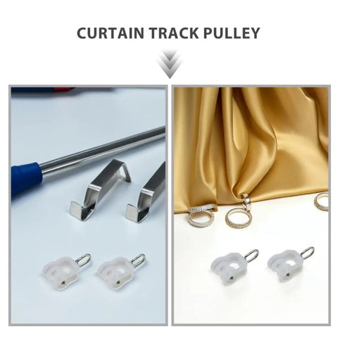 Smooth Operation Curtain Track Pulley Set Featuring Rock Solid Plastic Double Wheel Rollers For Seamless Sliding On Straight Or Curved Tracks Zero Hassle Easy DIY Fix with rollers and hooks on a gold fabric.