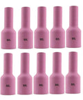 Pack Of 10 Extra Long Ceramic Gas Lens Cups Size 8 Half Inch For TIG 17 18 26 Welding Guns in pink ceramic material.