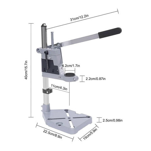 Portable Floor Drill Press Stand With Aluminum Alloy Frame And Large Anti-Shake Base For Hand Tools Repair, dimensions provided.
