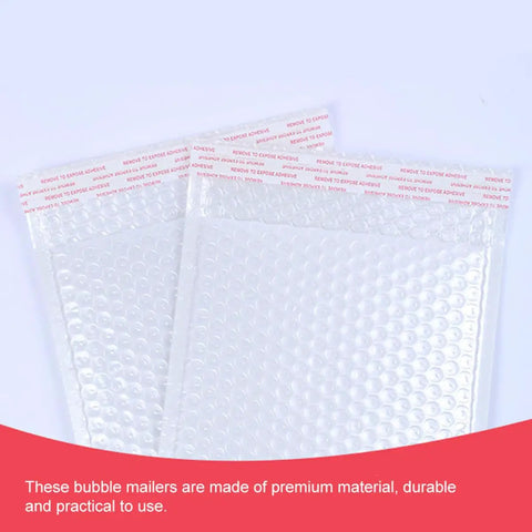 Close-up of two white bubble mailers featuring a flap with adhesive strip, showcasing White Pearlized Bubble Mailers 14x16 Inch With 4 Inch Flap Waterproof Shockproof Padded Envelopes For Mailing And Packaging Supplies 50 Pack Built To Ship Safe And Keep Delicate Items Protected design.