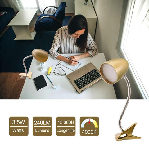 Clip On Bed Light With Clamp For Reading And Nighttime Tasks Non Dimmable 4000K Cool White Desk Lamp 3.5W 240 Lumen on desk