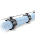 Three 1-1/2 inch sliding dust hose cord clips and full ring nylon holders securing cords on a shop vac hose.