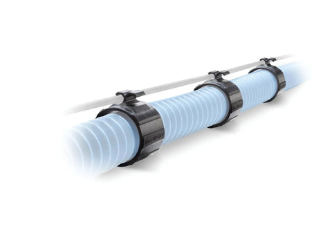 Three 1-1/2 inch sliding dust hose cord clips and full ring nylon holders securing cords on a shop vac hose.