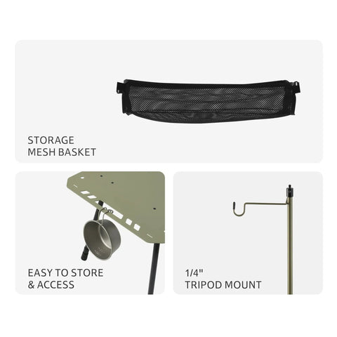 Storage mesh basket with accessories on Grab And Go Tactical Camping Table With Adjustable Height from 14 to 23 Inches.