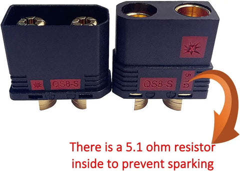 Qs8 Anti Spark High Current Connector Set For RC Toys And Drones Includes Male And Female Sockets with 5.1 ohm resistor.