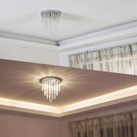 Mini Crystal Chandelier Two Lights Flush Mount Ceiling Light for Bedroom Hallway Bar Kitchen Bathroom, installed on a ceiling.