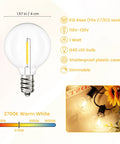Diagram showing G40 LED Replacement Bulbs For Outdoor String Lights 25 Pack Dimmable Shatterproof Globe Bulbs With E12 C7 Base, warm white 2700K.