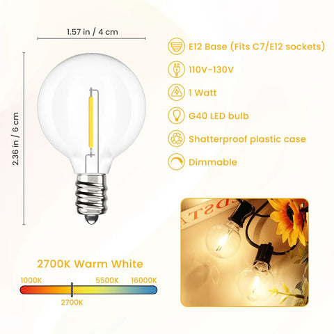 Diagram showing G40 LED Replacement Bulbs For Outdoor String Lights 25 Pack Dimmable Shatterproof Globe Bulbs With E12 C7 Base, warm white 2700K.