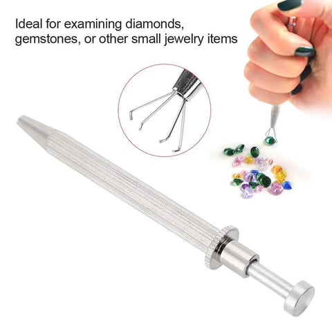 Pro Grade Four Prong Bead Picker Tool Stainless Steel Prong Holder shown grabbing gemstones