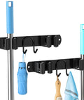 Stainless Steel Broom Holder Wall Mount 2 Pack Heavy Duty Mop Organizer with 2 Slots and 2 Hooks for Home Kitchen Garage Garden Black