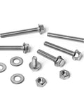 Stainless Steel 304 1/4-20 Flange Hex Bolts Kit With Nuts And Flat Washers, Fully Threaded Bolts In 1/2, 3/4, 1, 1-1/4, 1-1/2, 1-3/4, And 2 Inch Lengths, Great For Auto, Outdoor, And DIY Projects. Stainless steel bolts, nuts, and washers on white background