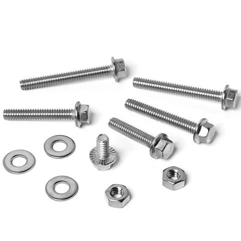 Stainless Steel 304 1/4-20 Flange Hex Bolts Kit With Nuts And Flat Washers, Fully Threaded Bolts In 1/2, 3/4, 1, 1-1/4, 1-1/2, 1-3/4, And 2 Inch Lengths, Great For Auto, Outdoor, And DIY Projects. Stainless steel bolts, nuts, and washers on white background