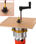 Adjustable Router Lift For 63.5-65mm Diameter Universal Trimming Machines In Aluminum Alloy Under-Table Base Clamping Lifting System With Slick Height Adjustment And Gold Finish installed in router table