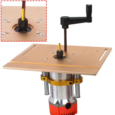 Adjustable Router Lift For 63.5-65mm Diameter Universal Trimming Machines In Aluminum Alloy Under-Table Base Clamping Lifting System With Slick Height Adjustment And Gold Finish installed in router table