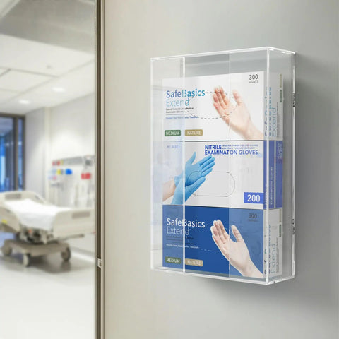 Clear Acrylic Glove Dispenser Wall Mount For Triple Glove Boxes in clinic setting, vertical mount with visible glove boxes