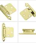 Brushed Brass Cabinet Hinges Self Closing Half Inch Overlay Gold Face Mount, 25 Pairs 50 Units, four angles shown.