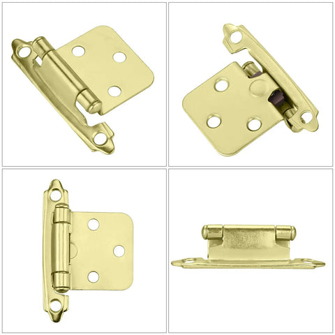 Brushed Brass Cabinet Hinges Self Closing Half Inch Overlay Gold Face Mount, 25 Pairs 50 Units, four angles shown.