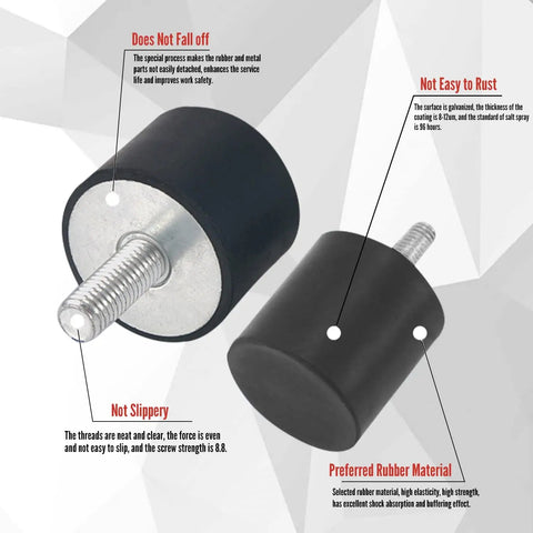 Heavy Duty Rubber Vibration Isolators To Beat The Rattle On Your Rig For Generators And Pumps With M5 Stud Mounts For Smooth Engine Operation And 15 X 20mm Cushioning Setup, showing rubber mounts with galvanized steel studs.