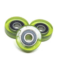Heavy Duty PU Vending Machine Bearing Roller Polyurethane Pulley Fits 6mm Bore 22mm Diameter showing three green rollers with sealed ball bearings.