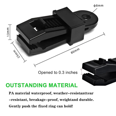 Heavy Duty Tarp Clips With Lock Grip 30 Pack showing black PA material clip dimensions and features