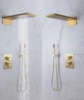 Built Different Wall Mounted Concealed Thermostatic Shower System With Buttery Smooth Brushed Gold Rainfall Spray And Seamless Dual Control Brass Hand Set For Low Maintenance Bath Refresh showing dual spray options.
