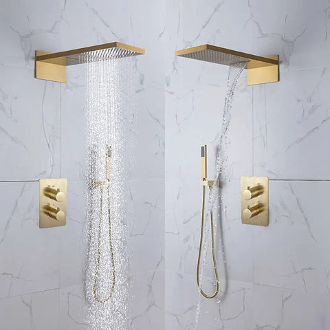 Built Different Wall Mounted Concealed Thermostatic Shower System With Buttery Smooth Brushed Gold Rainfall Spray And Seamless Dual Control Brass Hand Set For Low Maintenance Bath Refresh showing dual spray options.