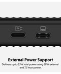 Close-up of Tool Free USB4 NVMe SSD Enclosure showing USB-C ports for external power support and connectivity.