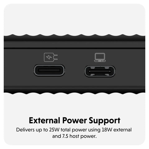 Close-up of Tool Free USB4 NVMe SSD Enclosure showing USB-C ports for external power support and connectivity.