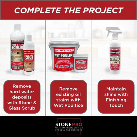 StonePro products for stone care including Stone & Glass Scrub, Wet Poultice, and Finishing Touch displayed with usage tips.