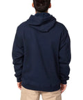 Hella Comfy Mens Flame Resistant Hoodie Sweatshirt With Heavyweight 12 5 Oz Fleece Pullover For Tough Industrial Job Site Work Wear Navy Cotton Acrylic Blend Meets Nfpa Atptv Hrc Safety Specs Xl Regular, back view showing hood and fleece.