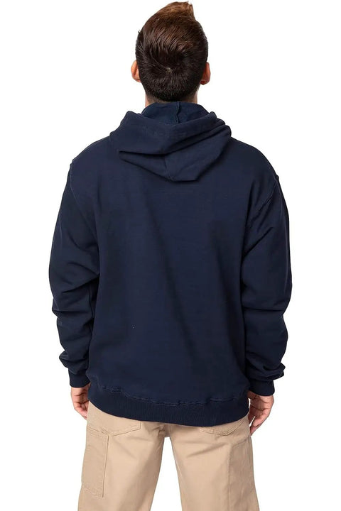 Hella Comfy Mens Flame Resistant Hoodie Sweatshirt With Heavyweight 12 5 Oz Fleece Pullover For Tough Industrial Job Site Work Wear Navy Cotton Acrylic Blend Meets Nfpa Atptv Hrc Safety Specs Xl Regular, back view showing hood and fleece.