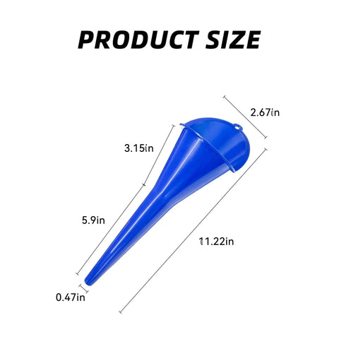 2 Pack Long Neck Oil Funnel for Cars and Engines Multi Function Plastic Fuel And Lubricant Funnel for Easy Oil Filling Universal Engine Oil Funnel Set Blue, showing dimensions.
