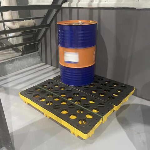 43L Yellow Spill Containment Pallet With Drain For Garage And Warehouse Heavy Duty Stackable HDPE Oil Drum Tray Drip Pan