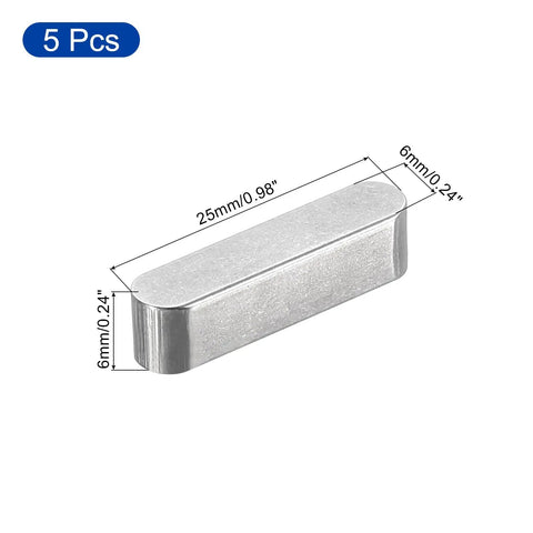 Five Pack Round Ended Feather Keys 6x6x25mm Stainless Steel Shaft Key Stock For Fasteners And Mechanical Projects Pro Grade Durable Rust Proof Drive Key Set Ideal For Precision Fits And Heavy Duty Use, showing one key with dimensions.