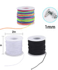 Three Rolls Of 1mm Elastic Beading String Cord, 495 Feet Total, Super Stretchy Jewelry Making Cord For Bracelets, Necklaces, Beading And DIY Crafts In Black White And Rainbow on spools with caliper measuring thickness