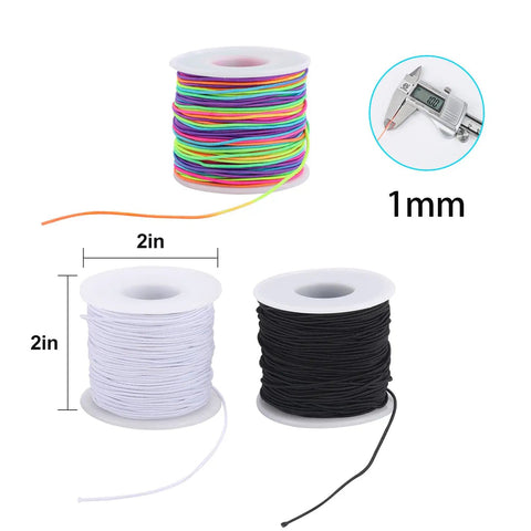 Three Rolls Of 1mm Elastic Beading String Cord, 495 Feet Total, Super Stretchy Jewelry Making Cord For Bracelets, Necklaces, Beading And DIY Crafts In Black White And Rainbow on spools with caliper measuring thickness