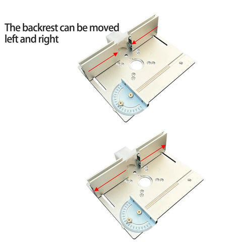 Professional Grade Aluminum Router Table Insert Plate Featuring Precision Flip Mechanism showing adjustable backrest left and right movement.