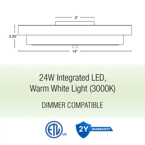 Diagram of Low Profile Modern LED Ceiling Light 14-Inch, Semi Flush Mount, 24W Dimmable 3000K Warm White dimensions and features.