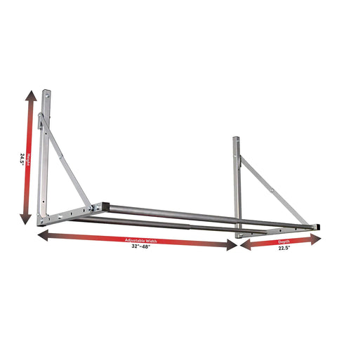 Wall Mounted Folding Tire Storage Rack, 32 To 48 Inch Wide, Holds Up To 300 Lbs, Silver frame with measurements shown.