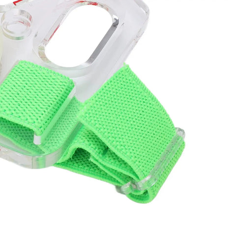 Thumb Orienteering Compass For Outdoor Navigation, clear acrylic body with green strap attachment.