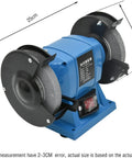 No Sweat Five Inch Desktop Bench Grinder Sharpener Solid Frame With Bright Work Light And Dual Grit Wheels in blue color, 25cm x 15cm size.