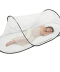 Large Pop Up Mosquito Tent For Adults, Portable Foldable Mosquito Net For Bed Camping Travel And Patio with sleeping person inside