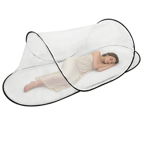 Large Pop Up Mosquito Tent For Adults, Portable Foldable Mosquito Net For Bed Camping Travel And Patio with sleeping person inside