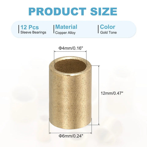 Sleeve bearing, gold-tone copper alloy, 4mm bore x 6mm OD x 12mm length; pack of 12