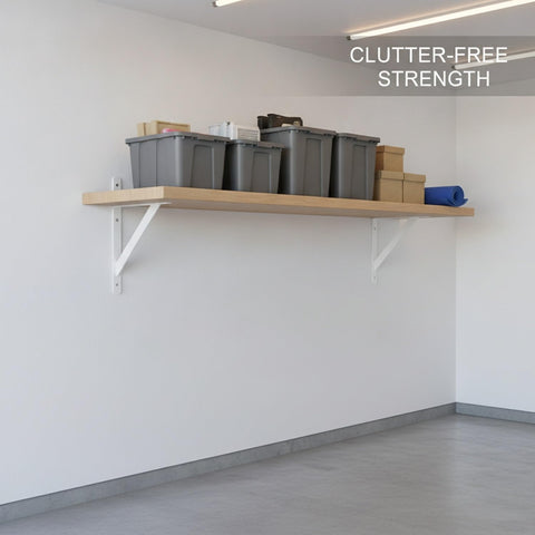 Rock-Solid White Carbon Steel Wall Mount Bracket For Floating Shelves installed in garage with storage boxes